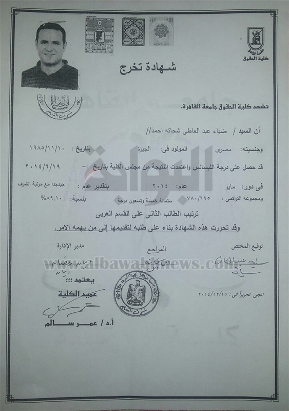 شهادة تخرج كلية الحقوق جامعة القاهرة
